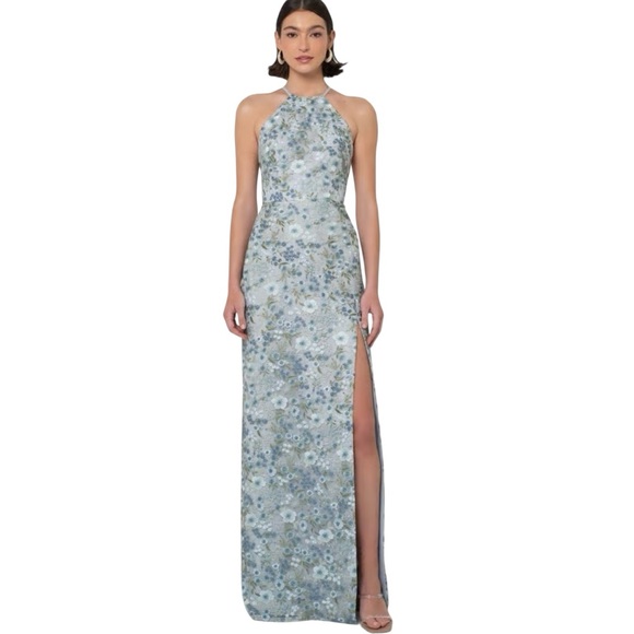 NEW Jenny Yoo Rebecca Ophelia Embroidery Blue Floral Halter Formal Maxi Dress 10 - Picture 1 of 16